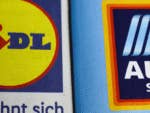 Logos von Lidl und Aldi, mit dem Text 'Lidl lohnt sich' und 'ALDI SÜD'.