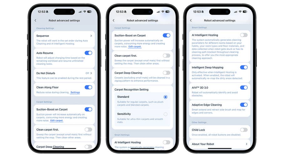 Mobile-App-Oberfläche, die erweiterte Einstellungen für den Ecovacs Deebot X8 Pro Omni-Saugroboter anzeigt.
