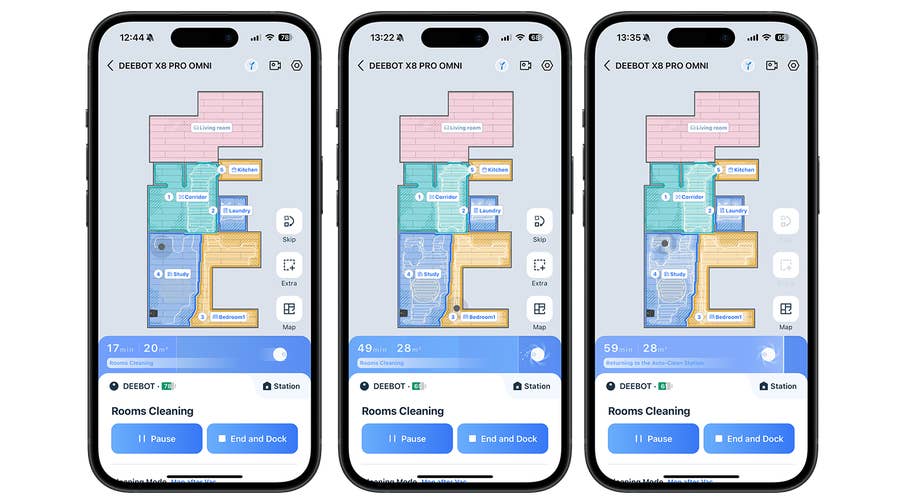 Drei Smartphones, die die Reinigungsoberfläche des Ecovacs Deebot X8 Pro Omni mit Raumkarten anzeigen.