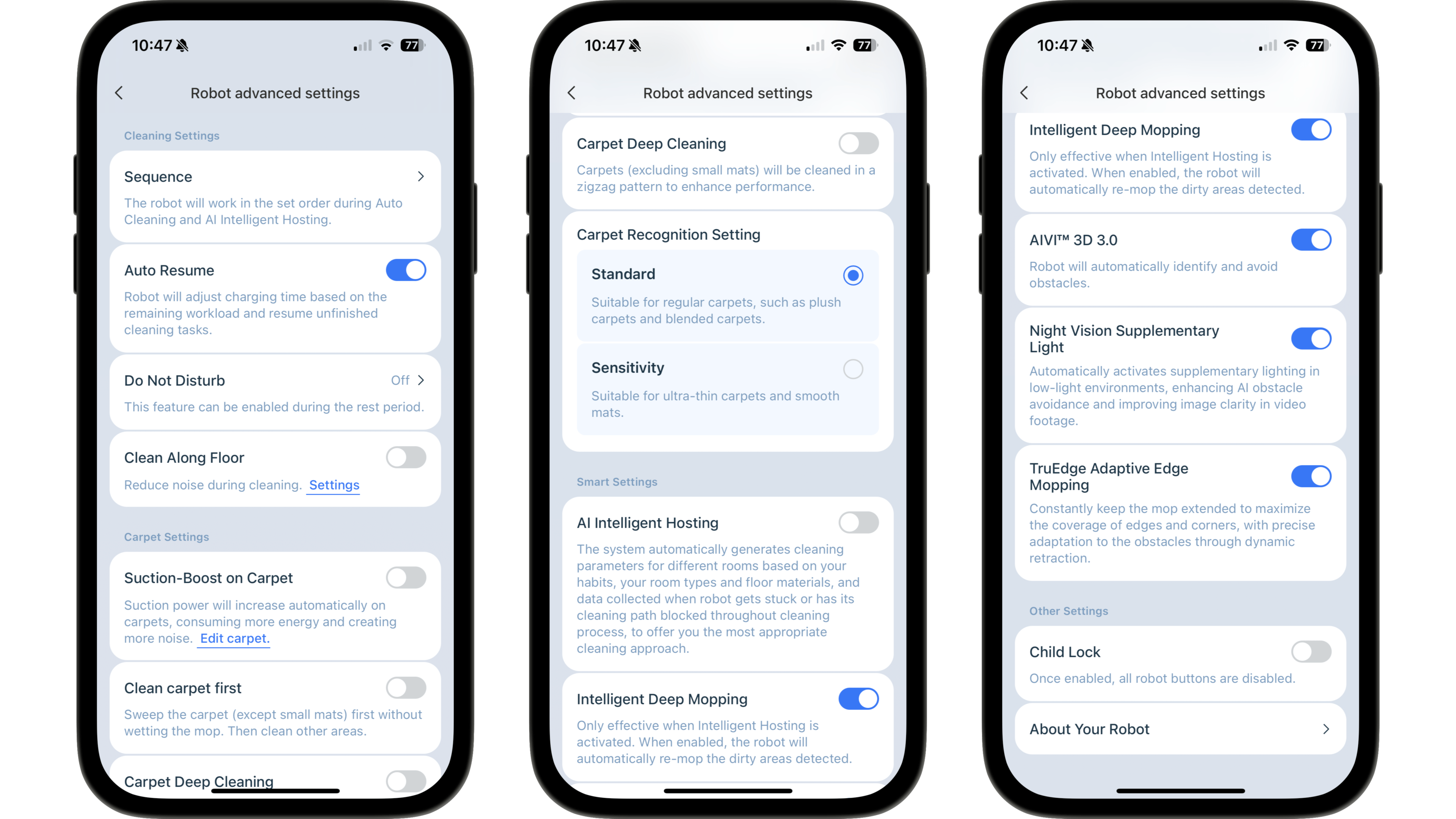 Einstellungsoberfläche für den Ecovacs Deebot X9 Pro Omni Saugroboter, die erweiterte Reinigungsoptionen zeigt. Einstellungsoberfläche für den Ecovacs Deebot X9 Pro Omni Saugroboter, die erweiterte Reinigungsoptionen zeigt.