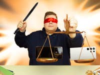 Der epische Antoine als Justitio, auf dessen Waage sich die beiden Handys befinden