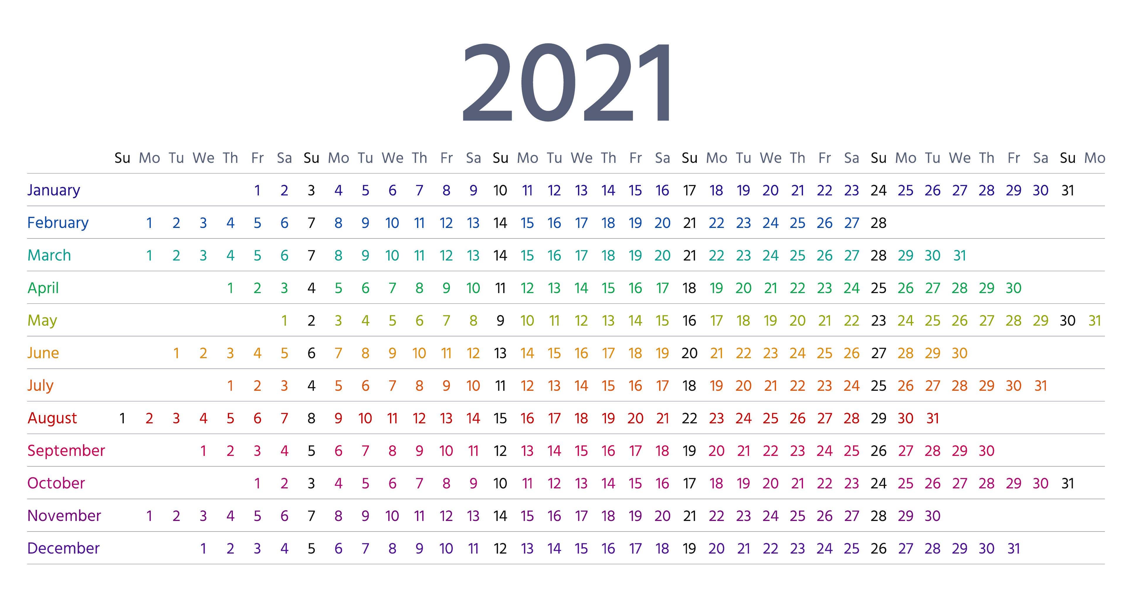 Year 2021 calendar