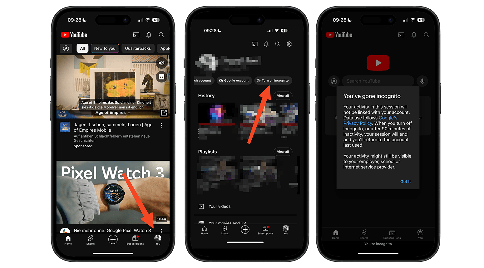 Youtube-Screenshot Inkognitomodus Youtube-Screenshot Inkognitomodus