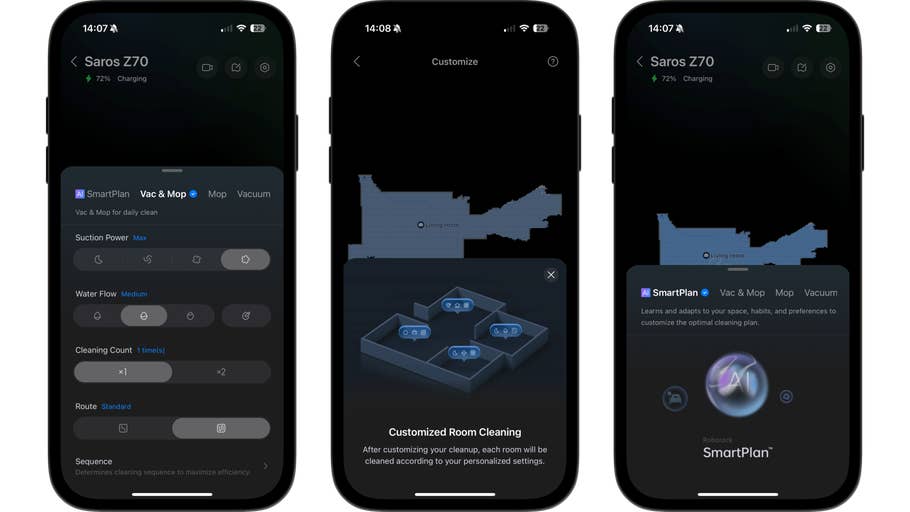 Roborock Saros Z70 App-Oberfläche mit Ladezustand und Reinigungseinstellungen.