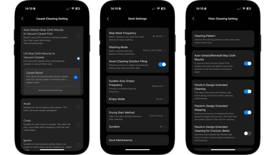 Drei Smartphone-Bildschirme, die Einstellungen für den Roborock Saros Z70-Sauger anzeigen, einschließlich Teppich- und Bodenreinigungsoptionen.