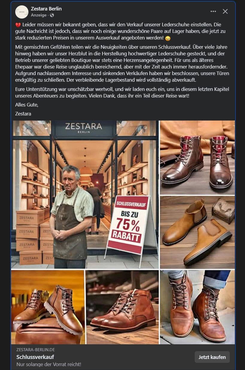 Ein trauriger Mann steht vor einem Schuhgeschäft mit einem Verkaufsschild, das bis zu 75 % Rabatt auf Lederschuhe anbietet.