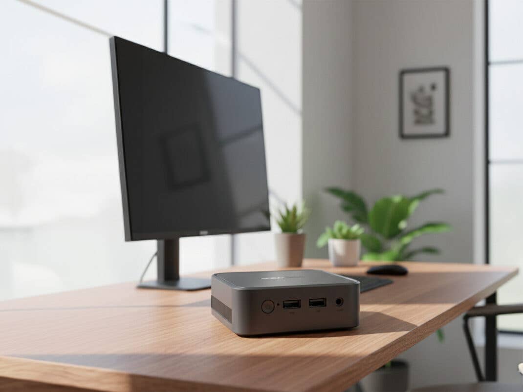 Mini-PC auf einem Schreibtisch in einem modernen Büro.