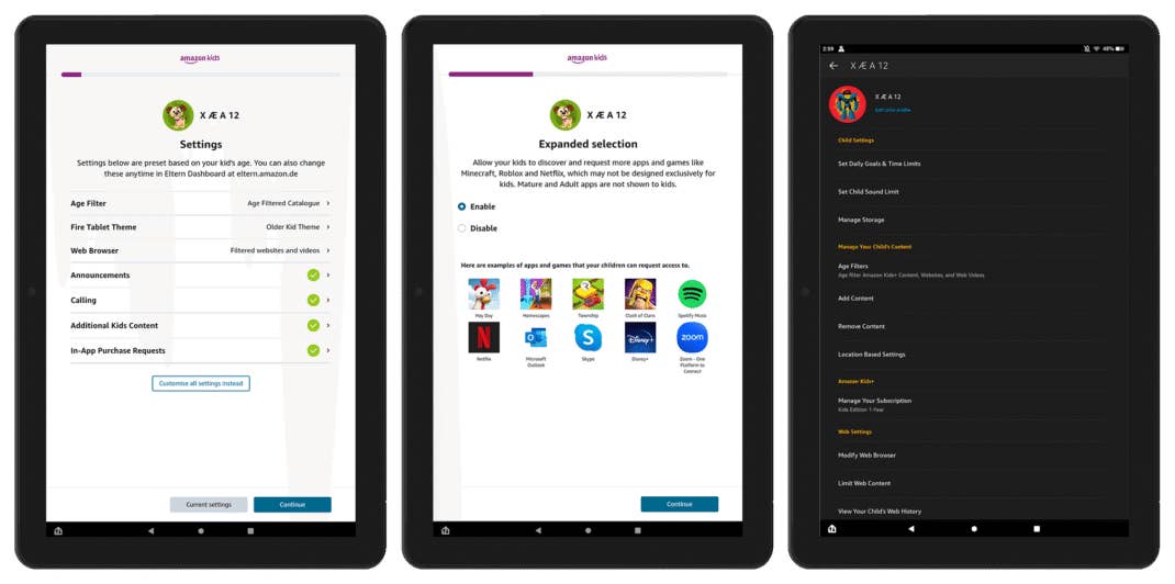Screenshots, die die Kindersicherung unter Fire OS zeigen Screenshots, die die Kindersicherung unter Fire OS zeigen