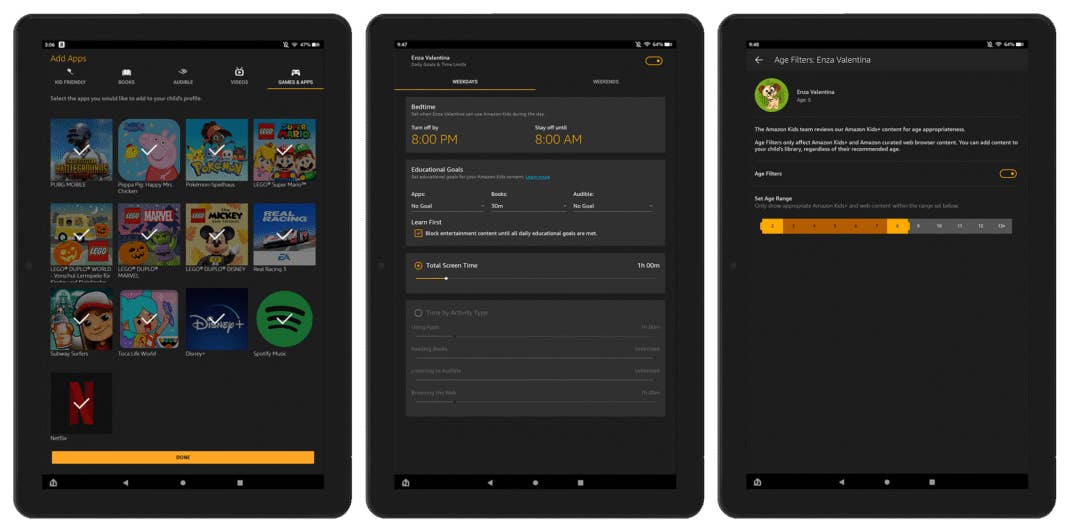 Screenshots, die die Kindersicherung unter Fire OS zeigen Screenshots, die die Kindersicherung unter Fire OS zeigen