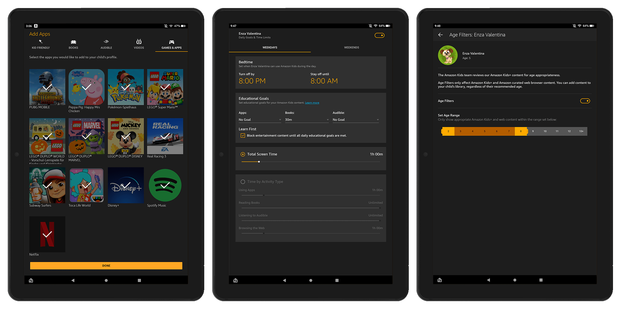 Screenshots, die die Kindersicherung unter Fire OS zeigen