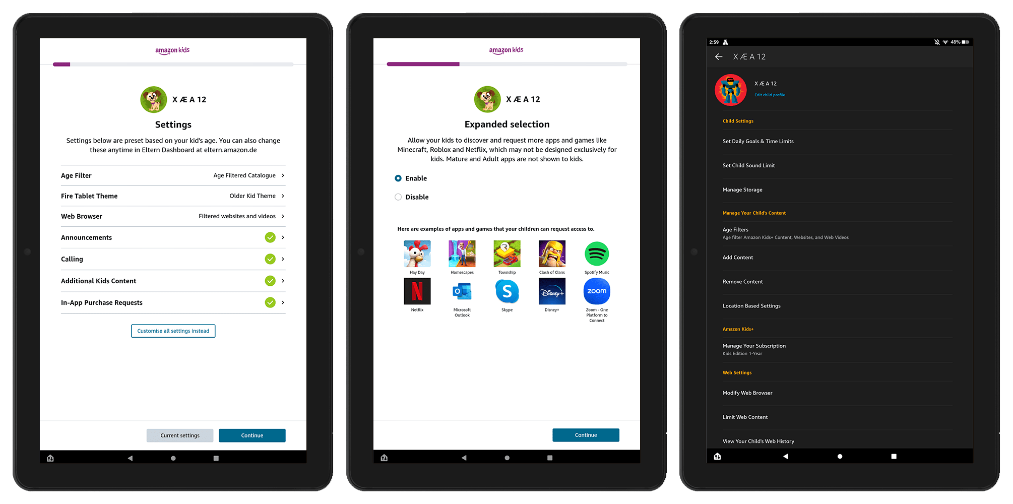 Screenshots, die die Kindersicherung unter Fire OS zeigen