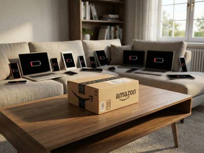 Amazon-Paket auf einem Wohnzimmertisch mit Smartphones, Tablets und Laptops mit leerem Akku im Hintergrund