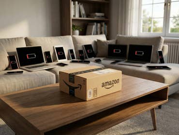 Amazon-Paket auf einem Wohnzimmertisch mit Smartphones, Tablets und Laptops mit leerem Akku im Hintergrund
