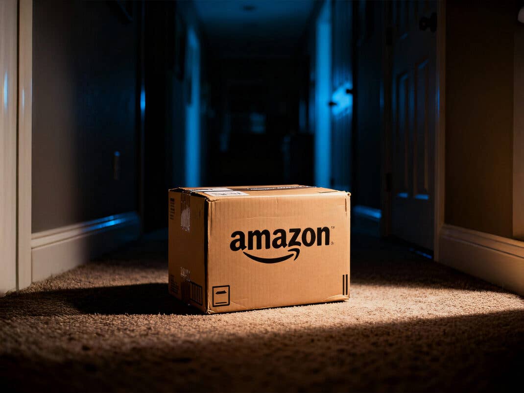 Etwas mitgenommenes Amazon-Paket steht in einem dunklen Hausflur und wird durch einen Lichtstrahl beleuchtet.