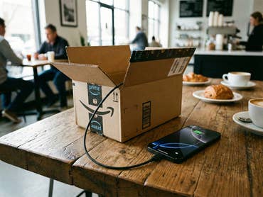 Amazon Paket aus dem ein Kabel herausschaut steht in einem Kaffee und ist mit einem Apple iPhone 17 Pro Max verbunden.