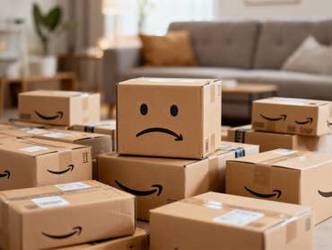 Trauriges Amazon-Paket auf einem Stapel von Amazon-Paketen in einem modernen Wohnzimmer