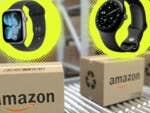 Amazon-Pakete auf einem Laufband, daneben die Pixel Watch 4 und die Apple Watch Series 11
