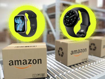 Amazon-Pakete auf einem Laufband, daneben die Pixel Watch 4 und die Apple Watch Series 11