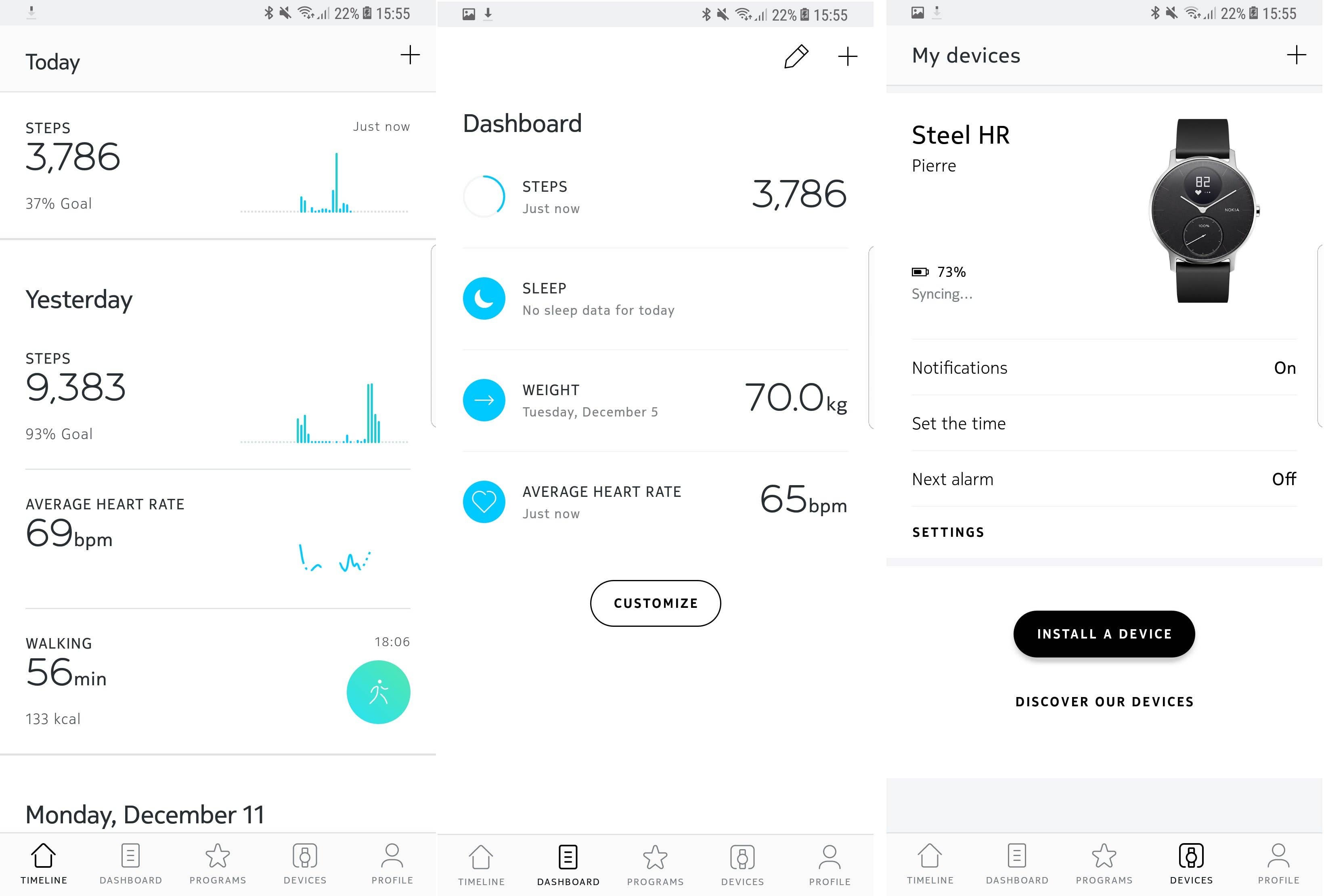 Nokia Gesundheits-App zeigt tägliche Schritte, Herzfrequenz und Gerätesynchronisierungsstatus an. Nokia Gesundheits-App zeigt tägliche Schritte, Herzfrequenz und Gerätesynchronisierungsstatus an.