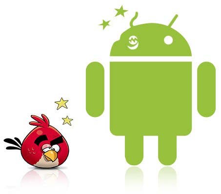 Ein roter Vogel mit einem wütenden Gesicht schaut auf ein grünes Android-Symbol. Sterne schweben über dem Vogel.