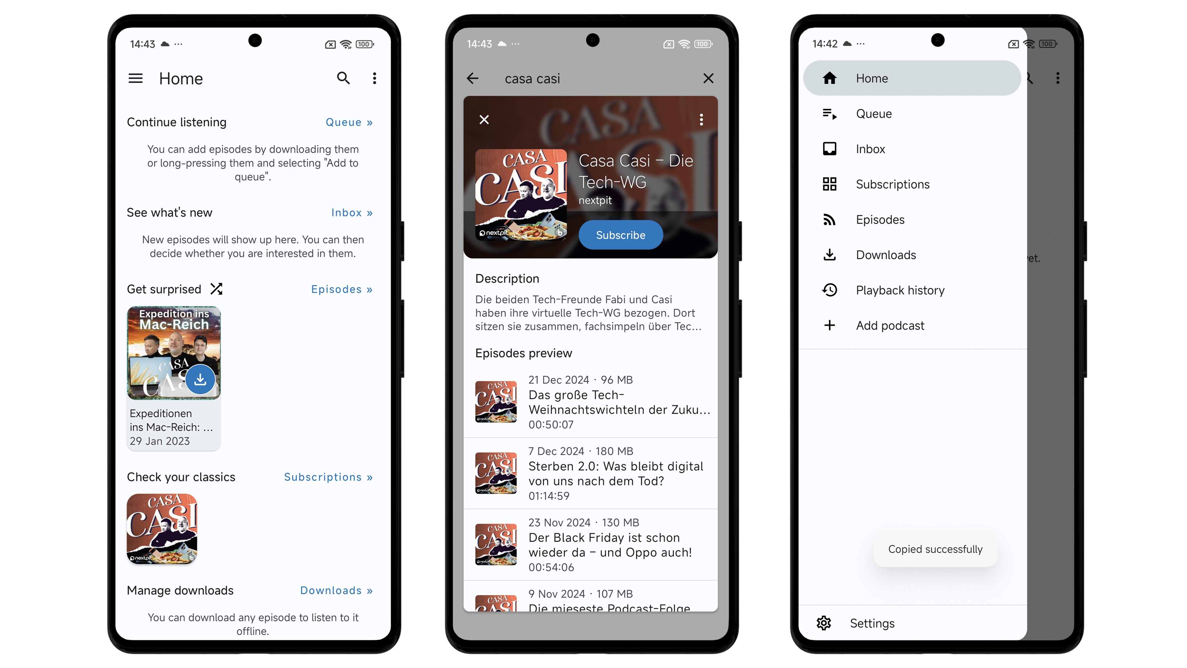Übersicht der AntennaPod-App mit den Bereichen Startseite, Warteschlange, Episoden und Downloads.