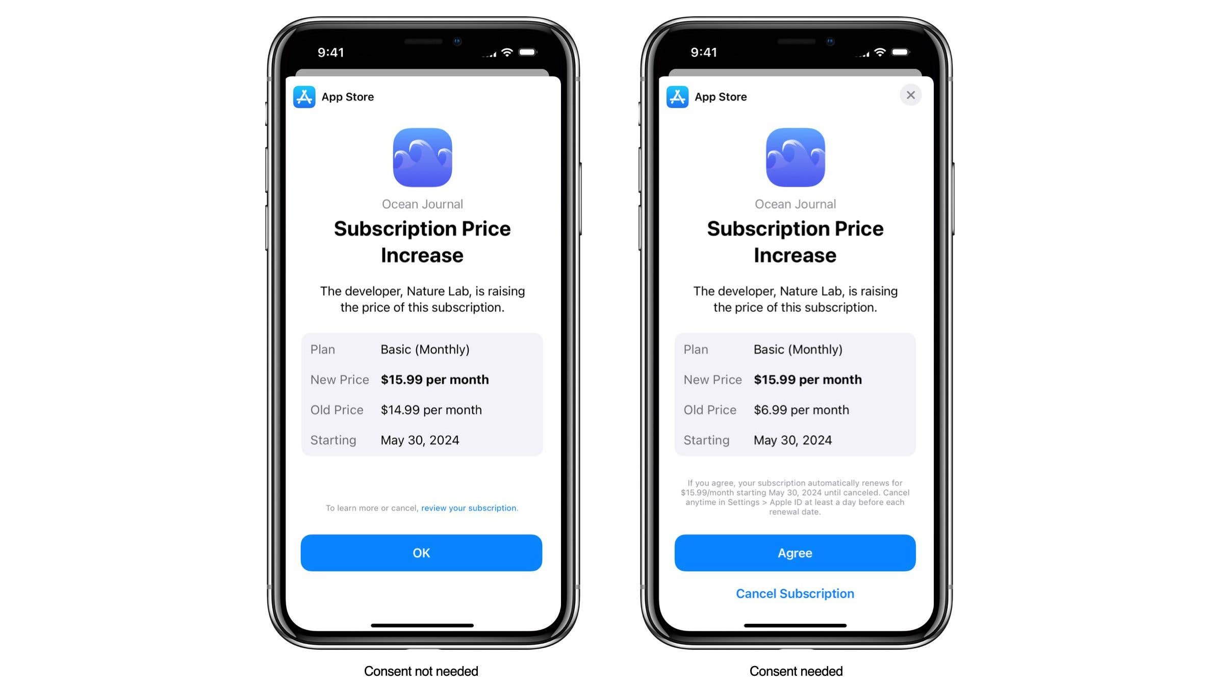 Wenn ein Entwickler die Preise eines Abos erhöhen will, schickt Apple dir eine Benachrichtigung. Links ist die Version die dich nur darauf hinweist. Rechts ist der Dialog zu sehen, der eine aktive Zustimmung erfordert und auch das direkte Beendigen erlaubt.