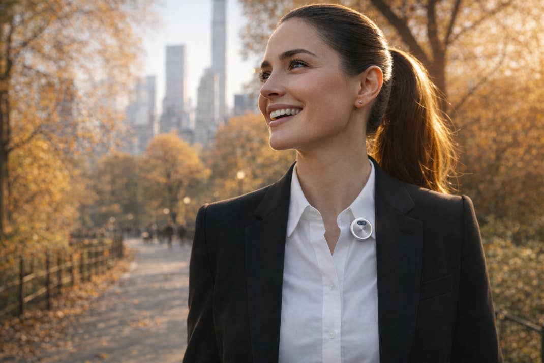 KI-generiertes Bild einer Frau im Business-Look, die im Central Park in New York mit einem Apple AI Device am Kragen spazieren geht.