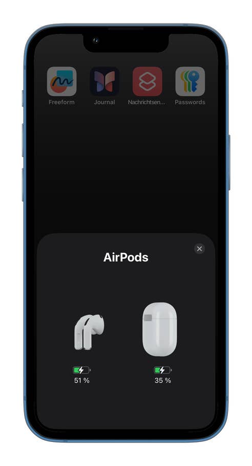 Status des Apple AirPods zeigt 51 % für den linken Ohrhörer und 35 % für das Gehäuse.