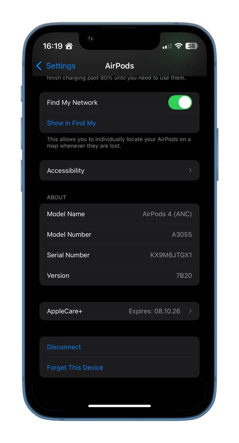 Einstellungsbildschirm für AirPods 4 mit Modell- und Seriennummern.