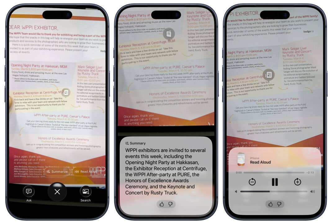 Visual Intelligence kann Texte zusammenfassen und auf Wunsch auch laut vorlesen