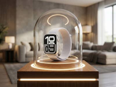 Hellblaue Apple Watch 10 unter einer Glaskuppel in einem modernen Wohnzimmer.