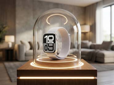 Hellblaue Apple Watch 10 unter einer Glaskuppel in einem modernen Wohnzimmer.