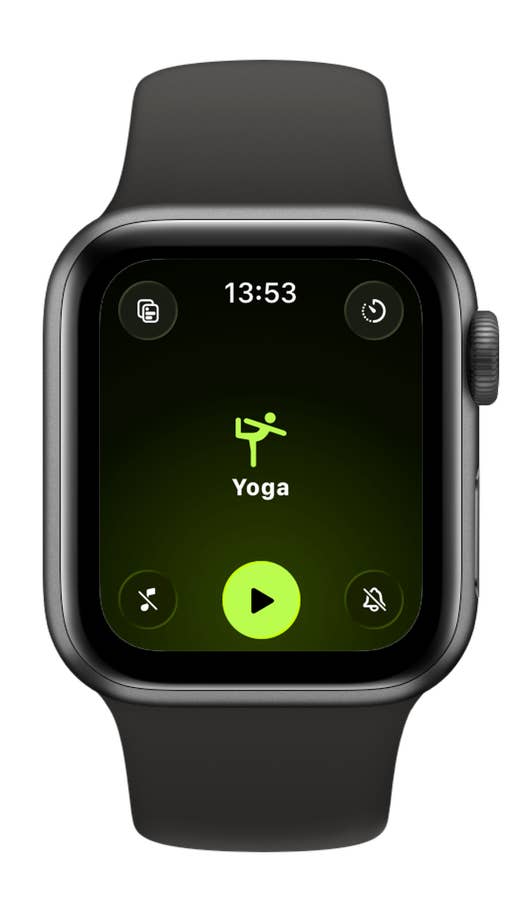 Apple Watch SE 3 zeigt einen Yoga-Timer um 13:53 mit Play- und Pause-Tasten.