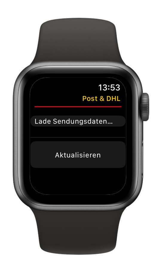 Apple Watch SE 3 zeigt einen Verfolgungsbildschirm für Post & DHL mit Lademeldung.