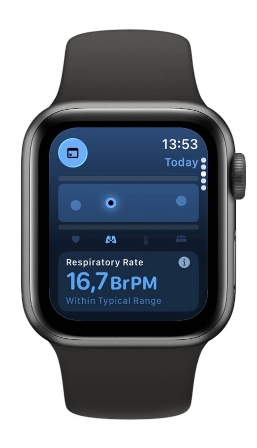 Apple Watch SE 3 zeigt die Atemfrequenz: 16,7 BrPM, im normalen Bereich.