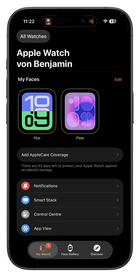 Einstellungen der Apple Watch mit Zifferblättern, Benachrichtigungen und Informationen zu AppleCare.