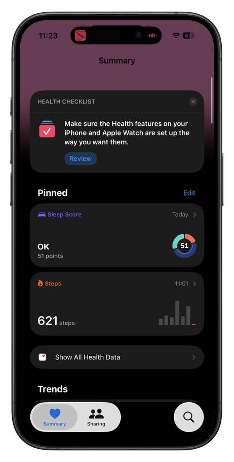 Bildschirm eines iPhones zeigt Gesundheitszusammenfassung und Checkliste für die Apple Watch.