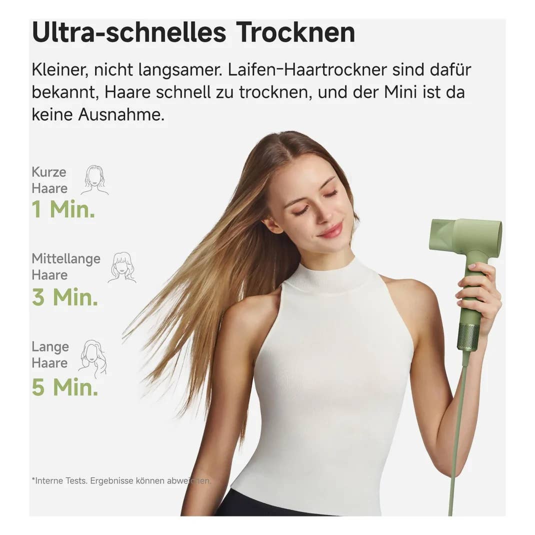 Frau hält Laifen Mini Föhn, daneben die Infos, wie lange das Föhnen mit dem Gerät dauern soll