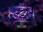 ASUS ROG Strix XG27AQDMG-Monitor zeigt einen bunten abstrakten Hintergrund mit dem ROG-Logo.