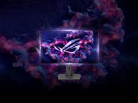 ASUS ROG Strix XG27AQDMG-Monitor zeigt einen bunten abstrakten Hintergrund mit dem ROG-Logo.