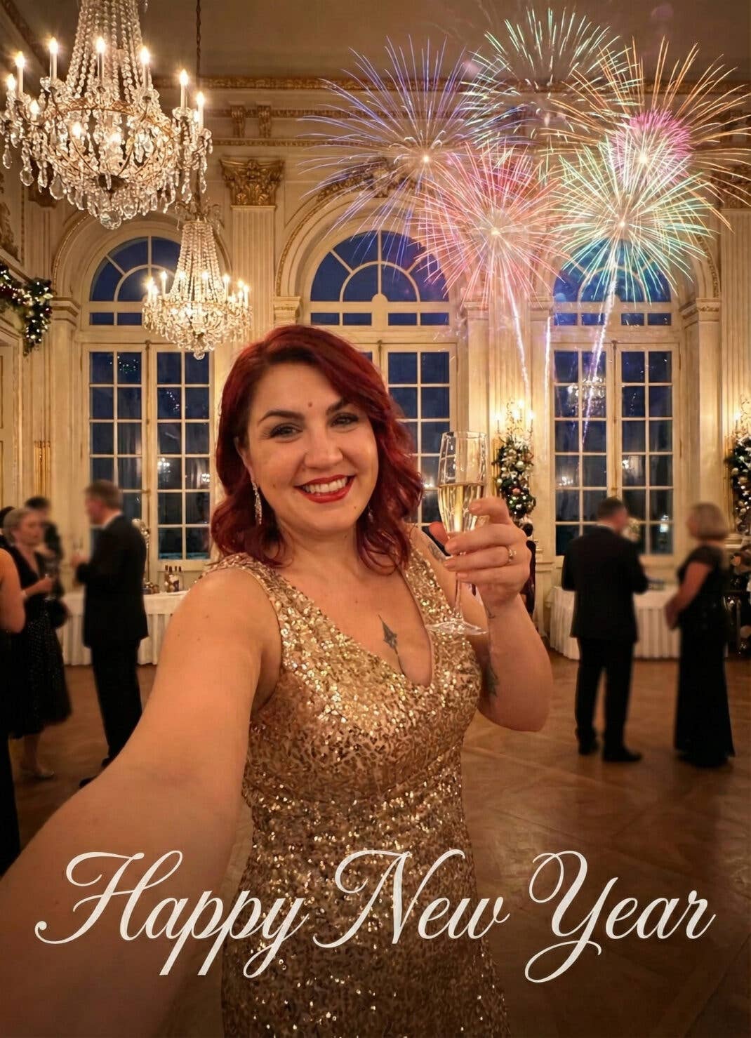 Eine Frau mit Abendkleid in einem Ballsaal