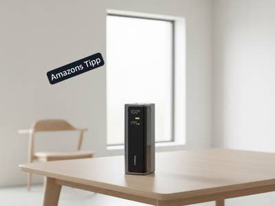 Baseus EnerGeek-Powerbank auf einem Tisch mit "Amazon Tipp"-Schriftzug