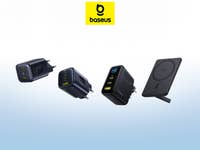 Baseus-Produkte vor einem weiß-blauen-Hintergrund mit dem Baseus-Logo in der oberen Mitte.