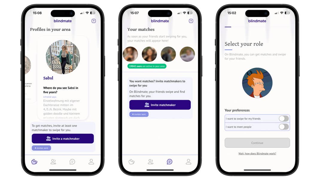Drei mobile Bildschirme zeigen die Benutzeroberfläche der Blindmate-App mit Profilen, Matches und Rollenauswahl.
