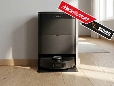 Bosch-Saugroboter in einem modernen Wohnzimer mit MediaMarkt-Logo