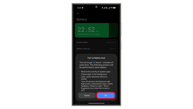 Bestätigen Sie, um den Batteriesparmodus zu aktivieren. Xiaomi HyperOS 3 Akku-Check und Akku-Sparmodus