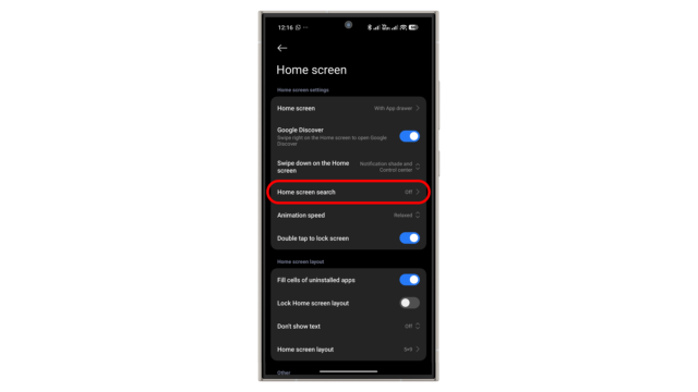 Tippen Sie in den Startbildschirm-Einstellungen auf Startbildschirm-Suche. Xiaomi HyperOS 3 Startbildschirm-Suchfunktion