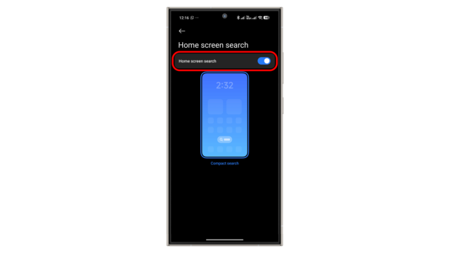 Einschalten der Homescreen-Suche. Xiaomi HyperOS 3 Homescreen-Suchfunktion