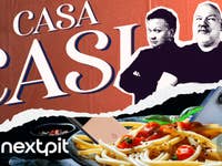 Casa-Casi-Logo, daneben Fabi und Casi und im Vordergrund ein Teller mit Spaghetti und Smartphones