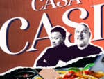 Casa-Casi-Logo, daneben Fabi und Casi und im Vordergrund ein Teller mit Spaghetti und Smartphones